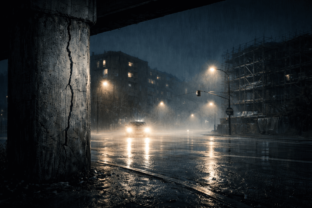 Cracked pillar beside a rainy road where a restless earth-bound spirit is believed to watch passing cars