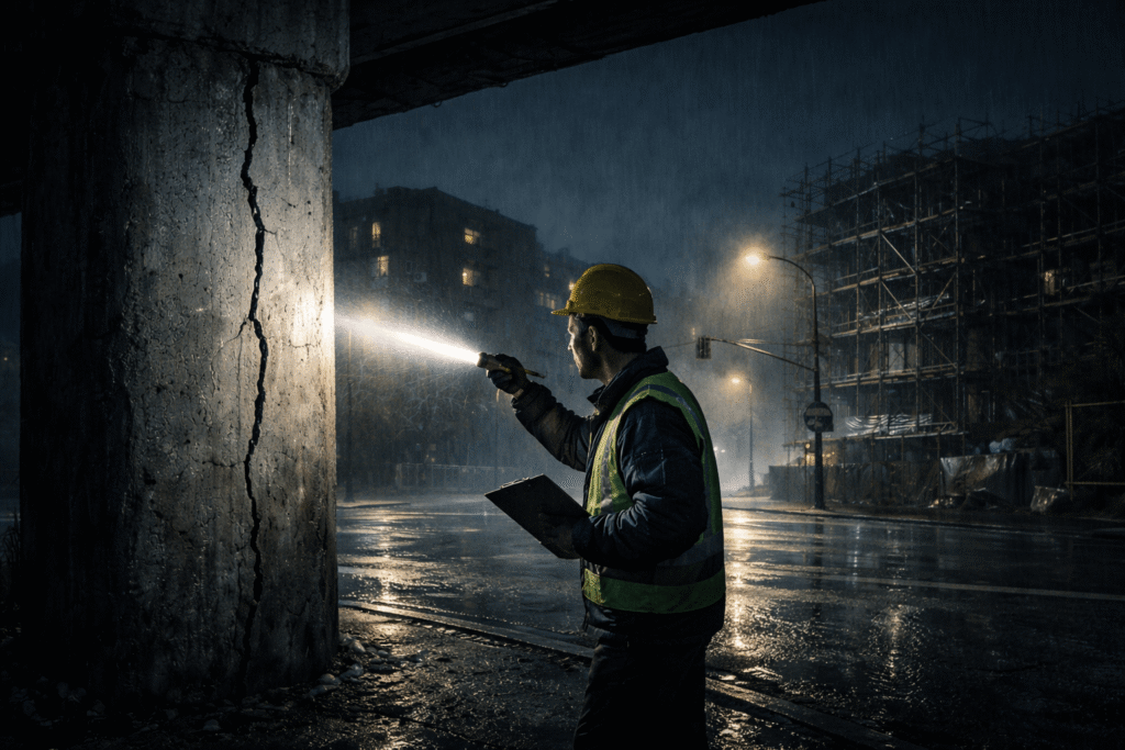 Inspector examining a mysterious cracked pillar linked to an earth-bound spirit haunting