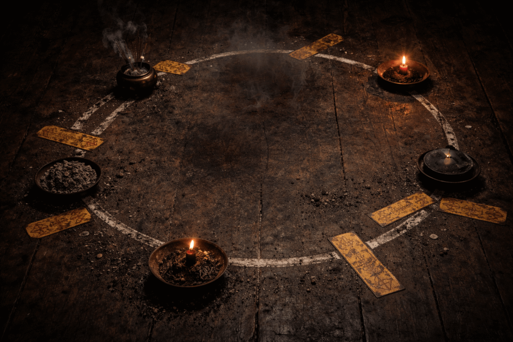 ritual pattern arranged incorrectly suggesting an unseen presence occupying a hidden position