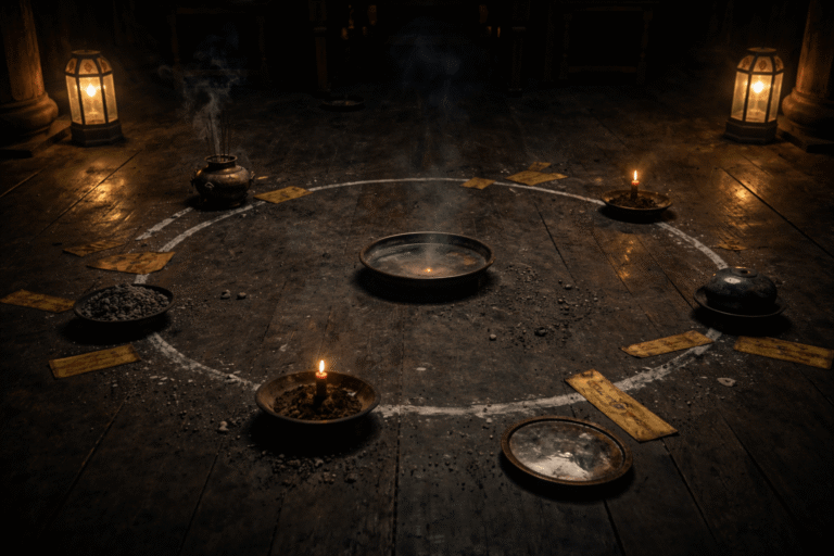 ritual circle with talismans slightly misaligned as an unseen presence forms inside the failed seal
