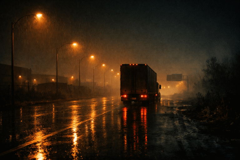 Night highway where a truck driver encounters the night route rules on an eerie industrial road