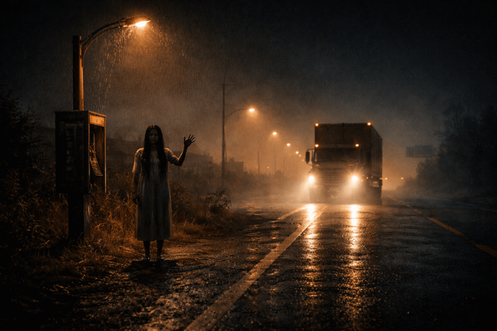 Mysterious woman waving beside the highway during the night route rules encounter
