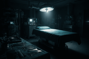 Operating Room Rules horror scene with empty surgical table and eerie lighting