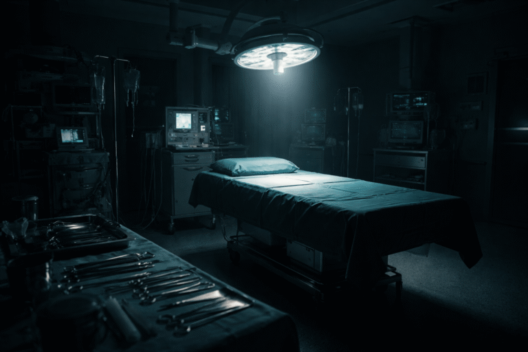 Operating Room Rules horror scene with empty surgical table and eerie lighting