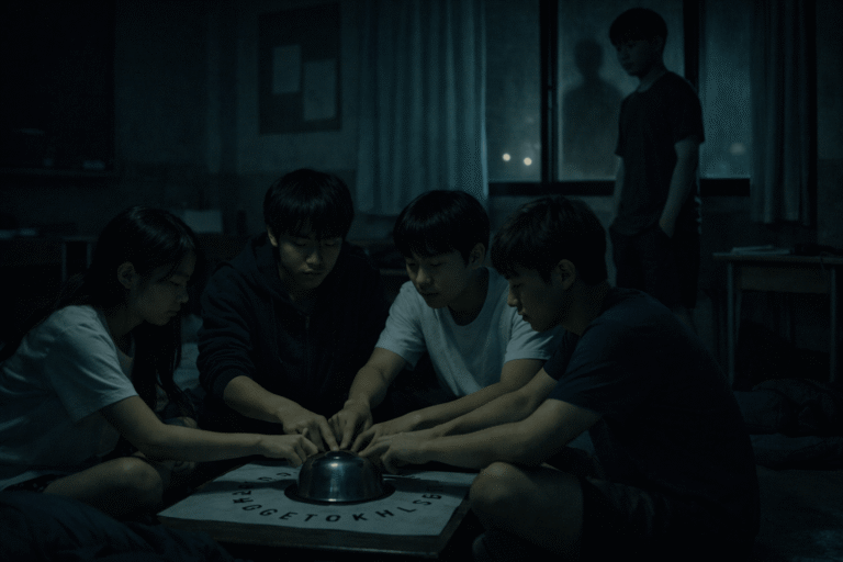 children playing the quiet summoning game in a dark classroom at night