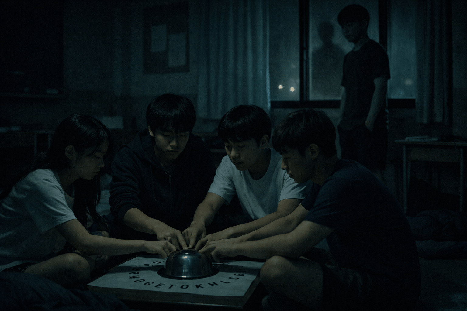 children playing the quiet summoning game in a dark classroom at night