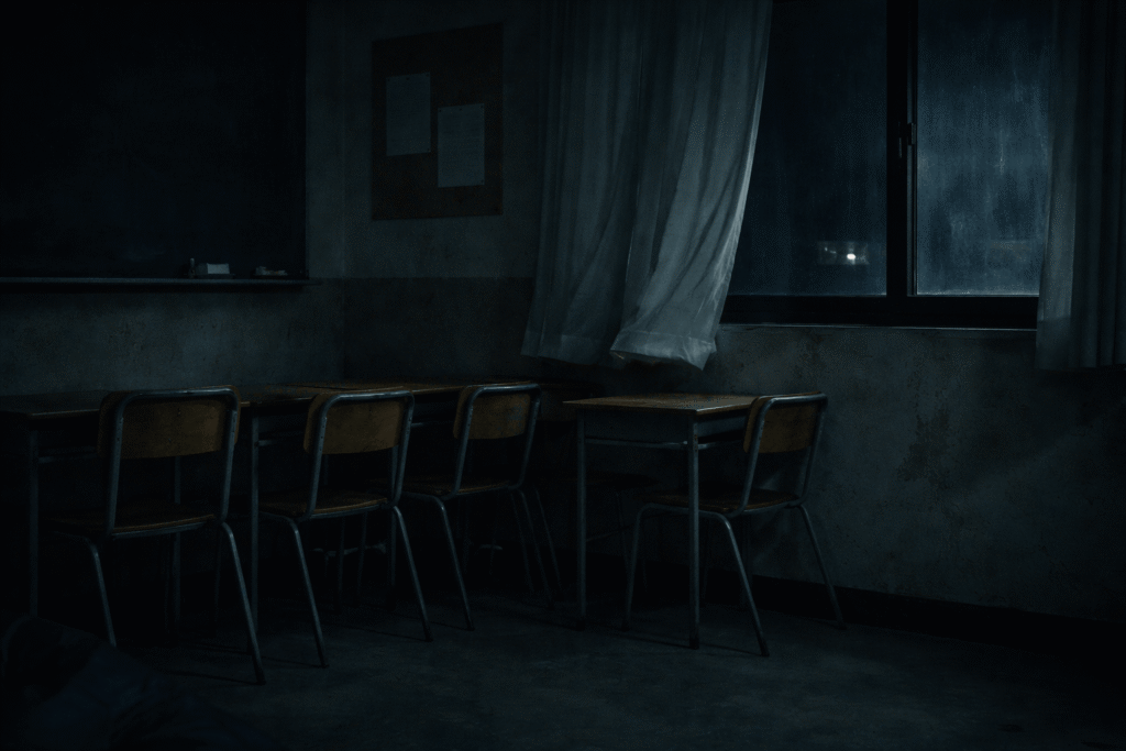 empty classroom after the quiet summoning game with shadows slightly misaligned