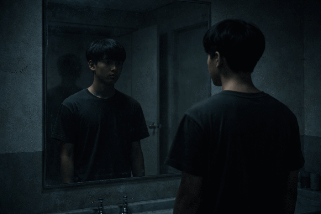teen noticing a delayed reflection after the quiet summoning game