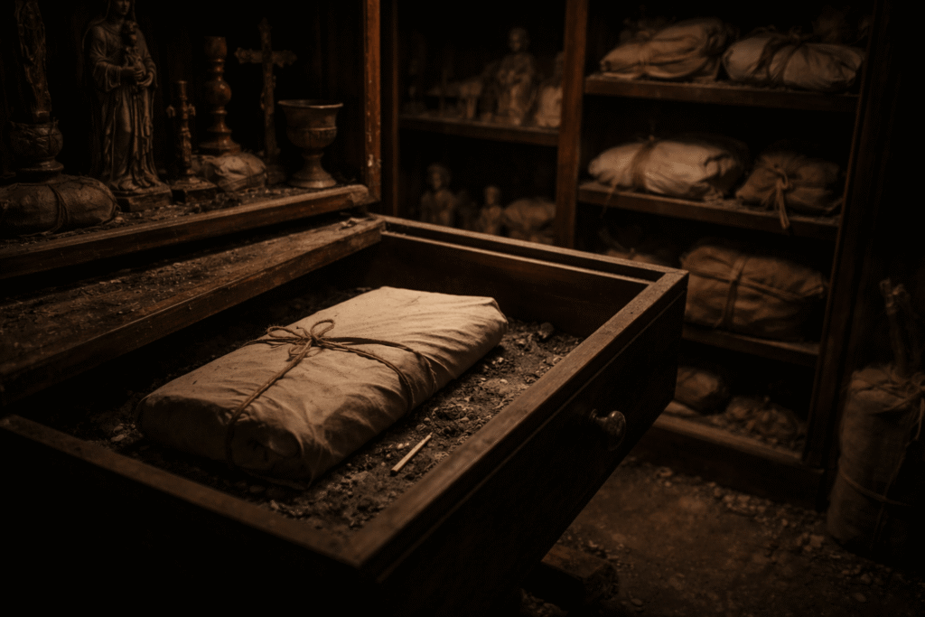 Operating Room Rules connected storage room with ancestral tablet and ash