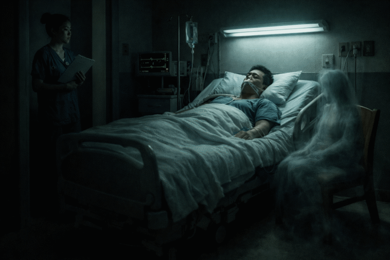 Room 713 Night Nurse hospital scene with a ghostly being sitting on the chair beside patient bed at night