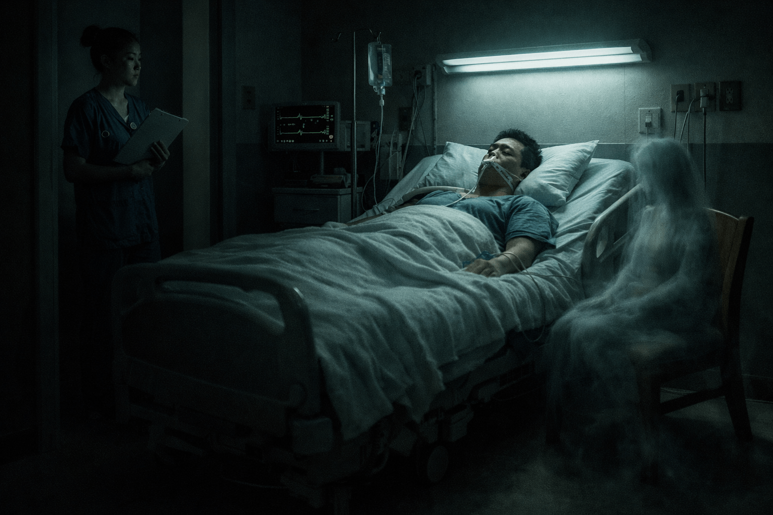 Room 713 Night Nurse hospital scene with a ghostly being sitting on the chair beside patient bed at night