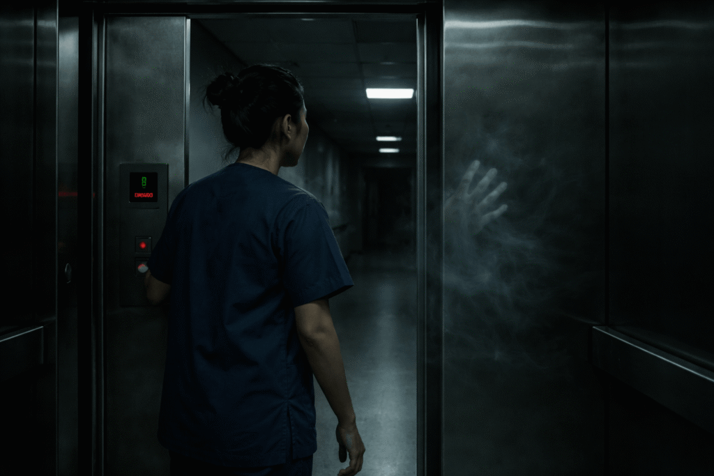 Room 713 Night Nurse hospital lift with unexplained handprint on glass at night