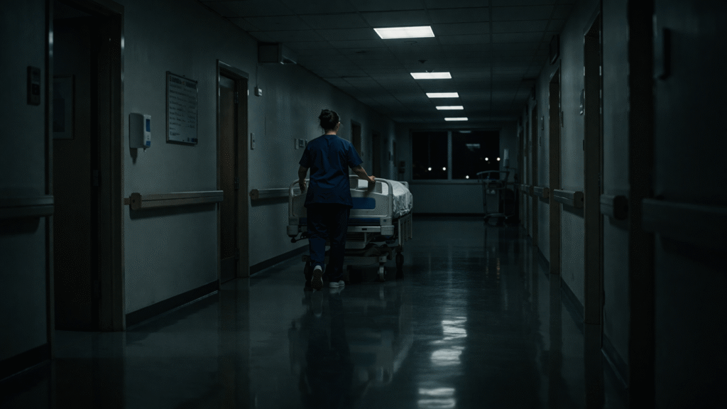 Room 713 Night Nurse hospital corridor with reflection lagging behind nurse at night