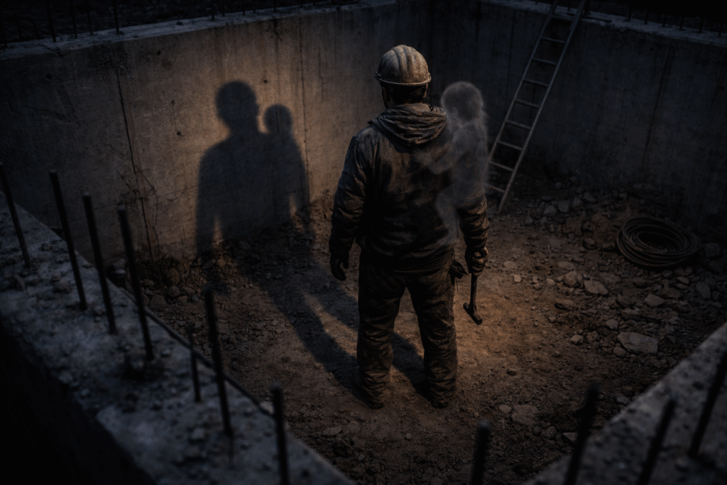 worker shadow revealing attached spirit in weight beneath the foundation horror story inside a dark construction pit