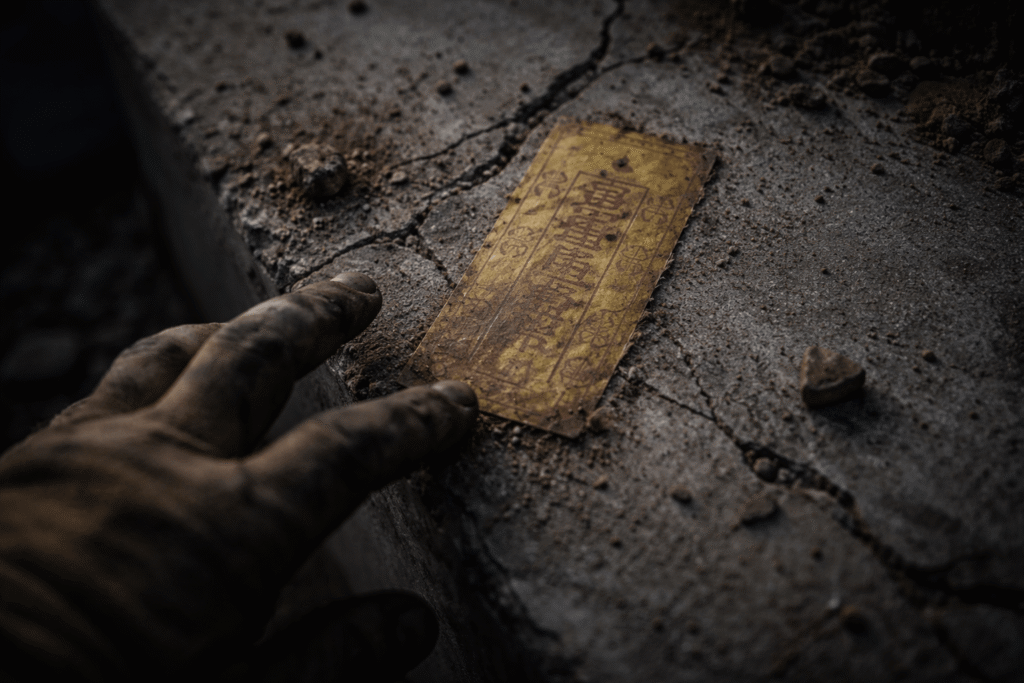 yellow talisman seal embedded in concrete from weight beneath the foundation horror story being disturbed at a construction site