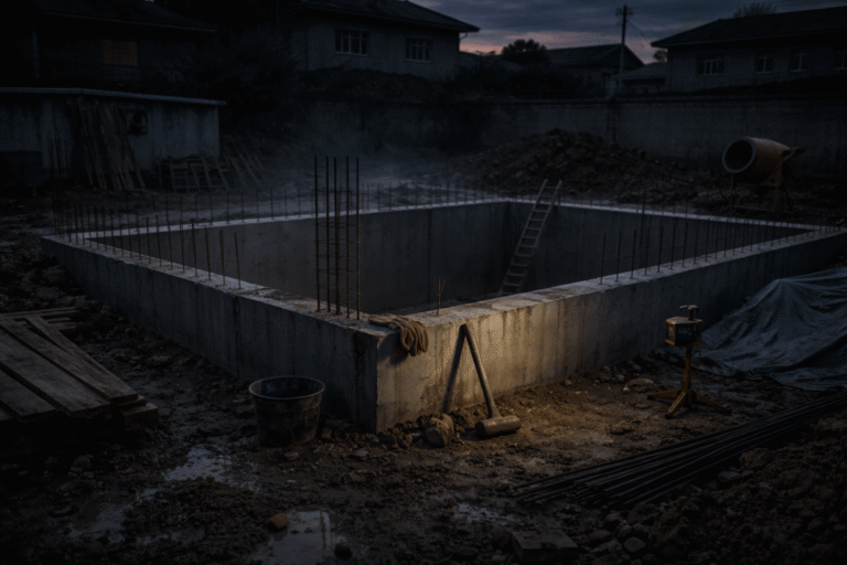 construction site at dusk in weight beneath the foundation horror story with an eerie unfinished foundation and unnatural stillness