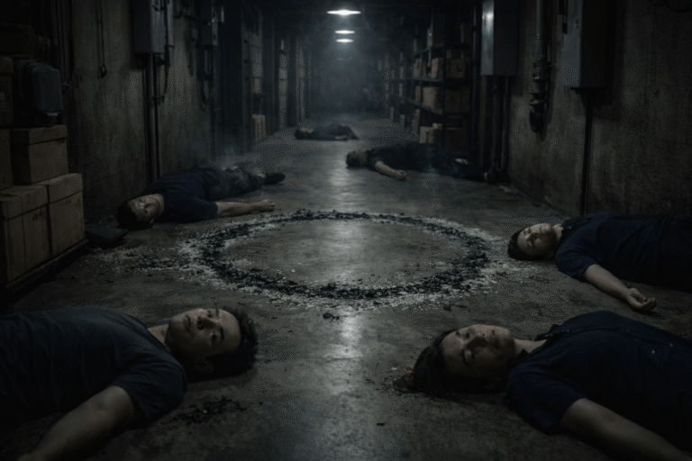 Bodies lie motionless around a burned ash circle in a corridor after a teeth horror curse ritual, appearing alive but empty.