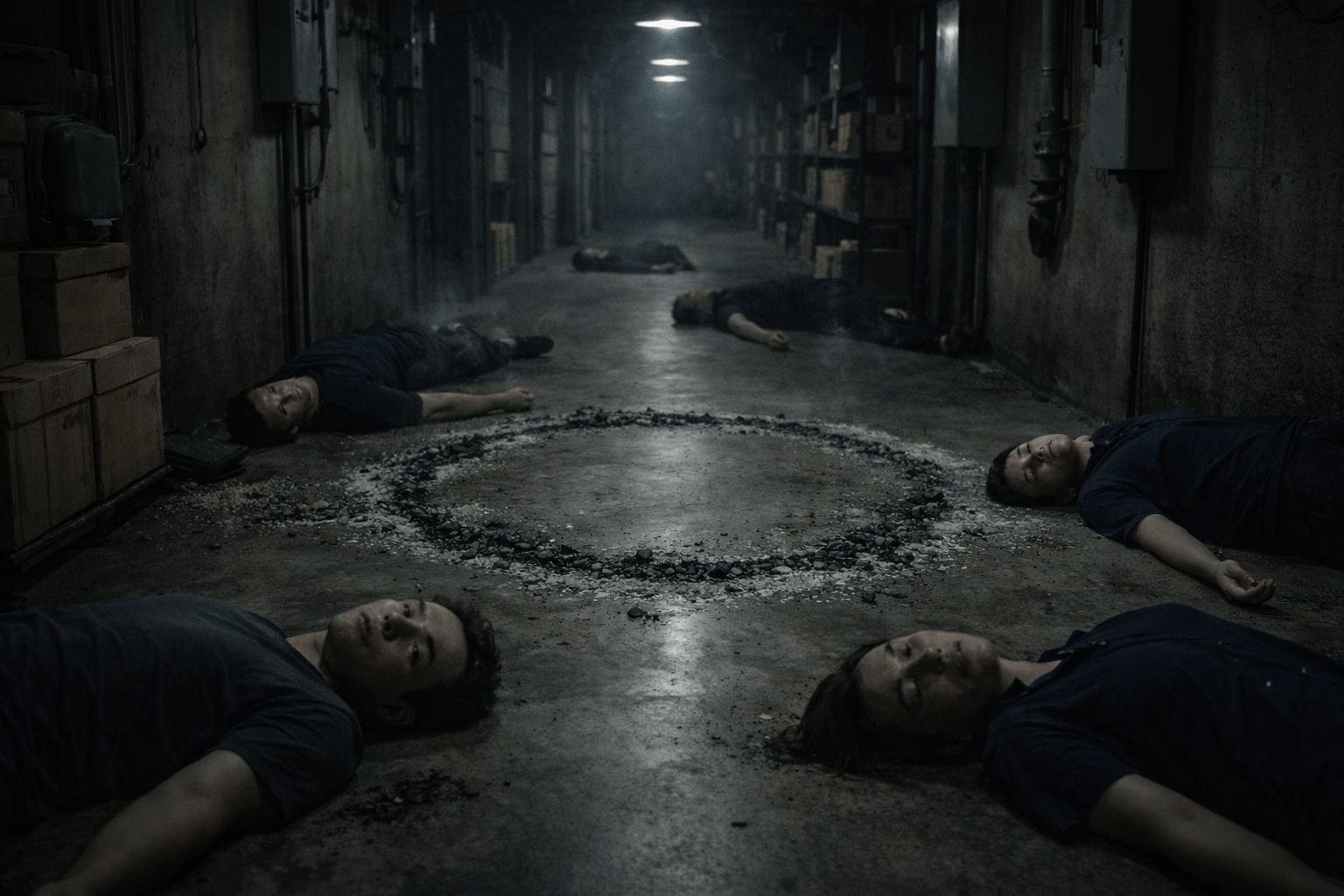 Bodies lie motionless around a burned ash circle in a corridor after a teeth horror curse ritual, appearing alive but empty.