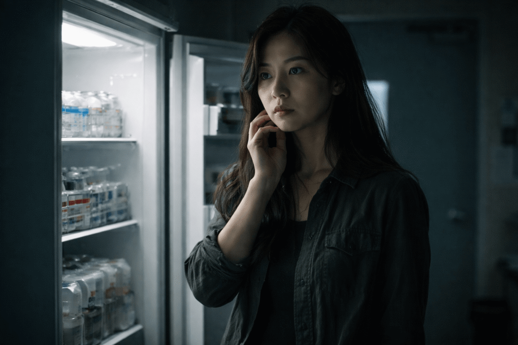 An East Asian woman touches her jaw in a storage facility staff room as a teeth horror curse begins to alter her from within.