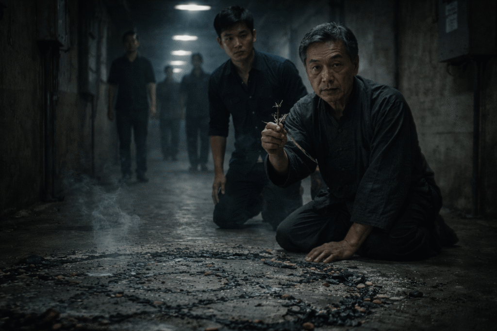 An East Asian ritual master performs a severance ritual as controlled figures approach under a teeth horror curse.
