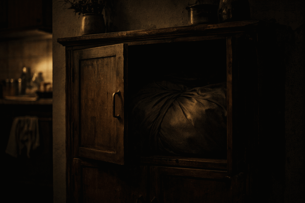 Golden Silkworm Hex horror showing a cupboard with a hidden box and something moving inside