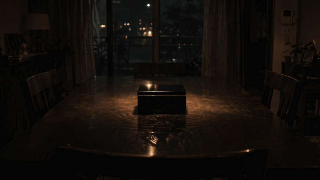 Golden Silkworm Hex horror scene with the mysterious box returning on a table by itself