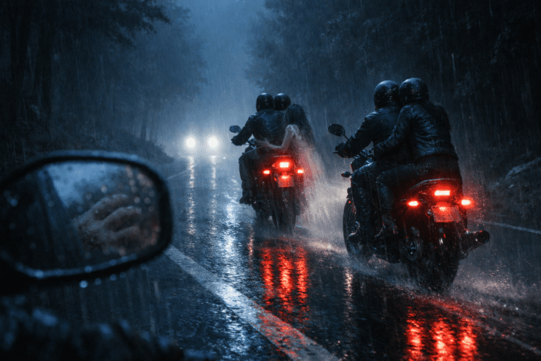 Two motorcycles carrying four riders move through a rain-soaked forest road at night, their red tail lights reflecting across the wet asphalt while a faint muddy hand appears in a side mirror unnoticed.