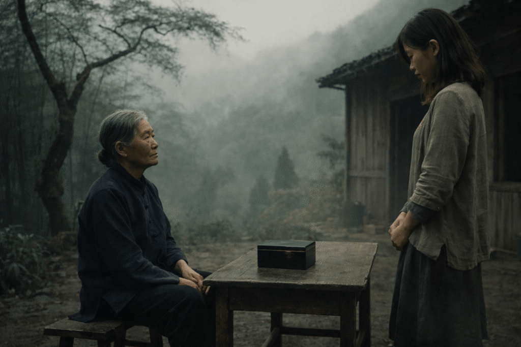 Golden Silkworm Hex ritual scene with an old woman offering a mysterious box in the mountain highlands