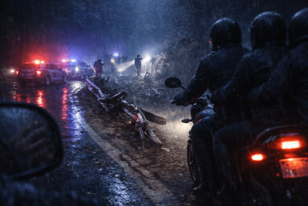 Police vehicles block a rain-soaked hill road at night as officers search a muddy slope below a broken guardrail, their flashing lights reflecting across the wet asphalt while something seems disturbed in the mud beyond the search.