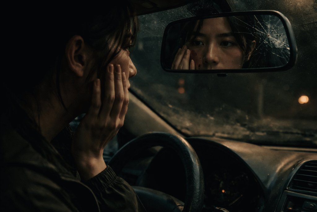 A woman in a car accident noticing her face has subtly changed in a mortuary horror story