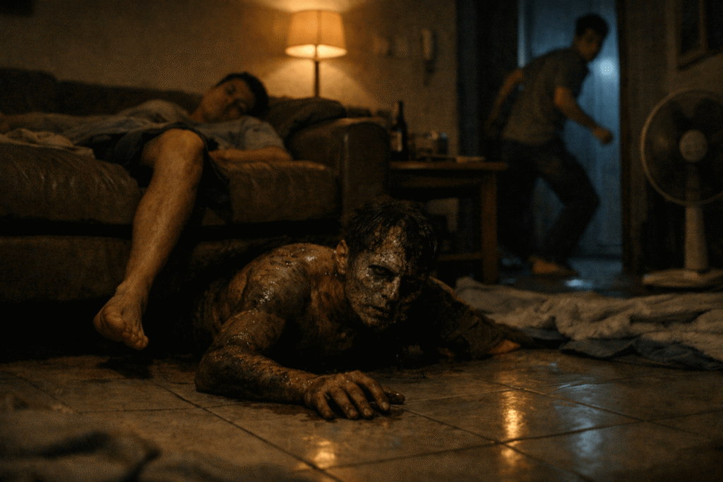 In a dim living room at night, a half-bodied figure drags itself across the floor toward a sleeping man on a sofa, while two others freeze in terror nearby.