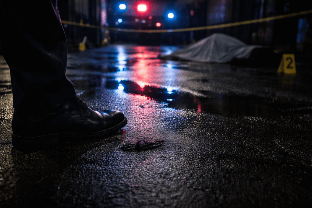 curse of misplaced endings crime scene with man stepping on something unnoticed on the ground