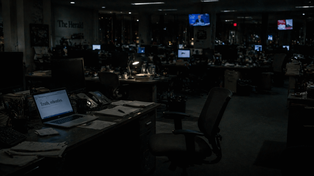 curse of misplaced endings empty newsroom with chair slightly moved and unexplained disturbance