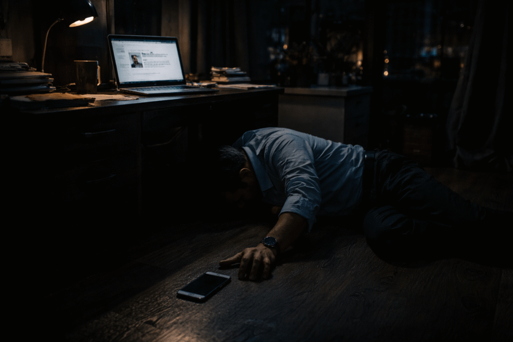 curse of misplaced endings man collapsed mid-motion reaching for phone in dim apartment