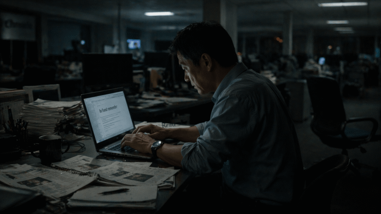 curse of misplaced endings newsroom scene with obituary writer and subtle presence behind him