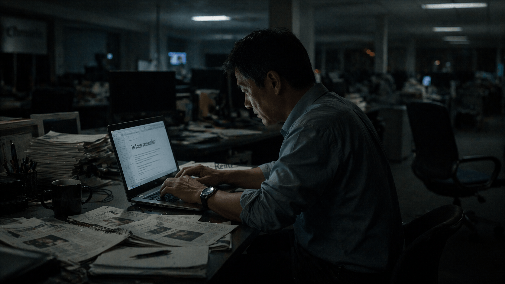 curse of misplaced endings newsroom scene with obituary writer and subtle presence behind him