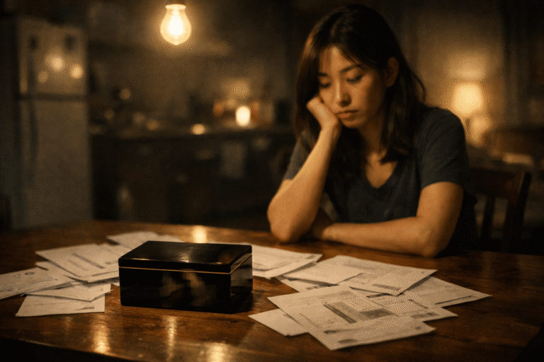 Golden Silkworm Hex horror scene showing a woman at a table with unpaid bills and a mysterious lacquered box