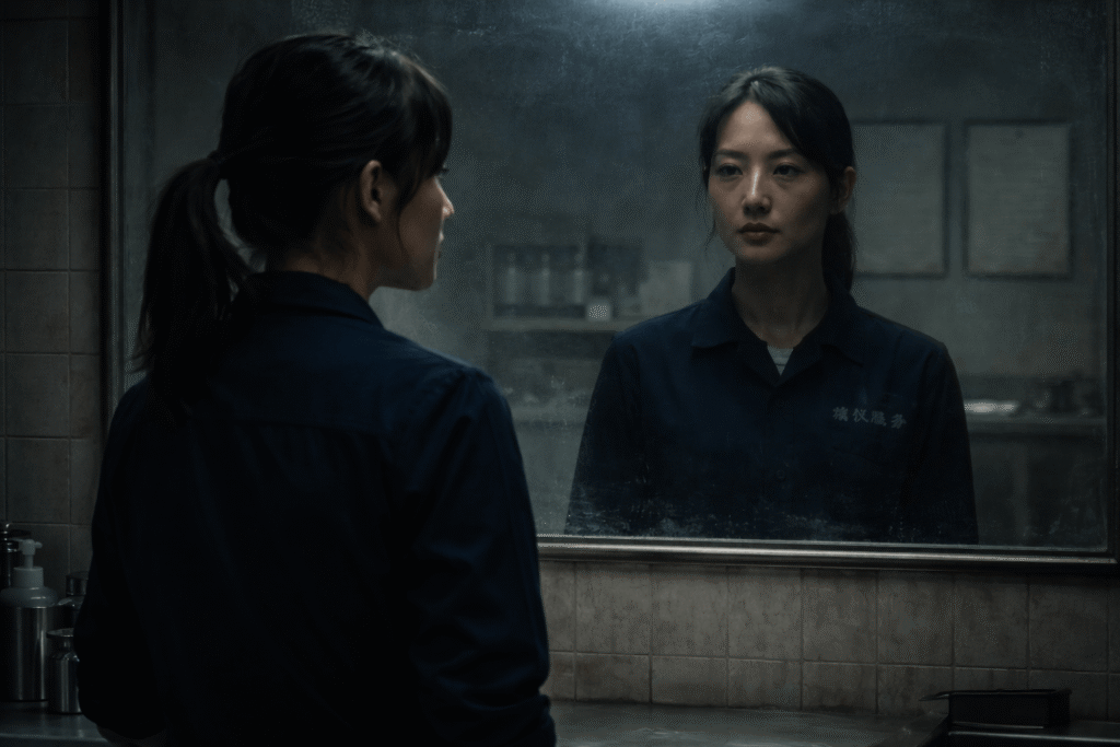 A mortuary technician’s reflection facing forward while her body is turned in a mortuary horror scene