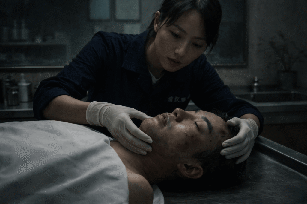 A mortuary technician adjusting a male face that appears to resist movement in a mortuary horror scene