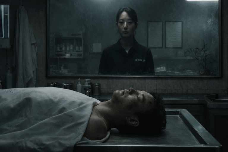 A male body on a mortuary table with a female technician reflected in a mirror in a mortuary horror scene