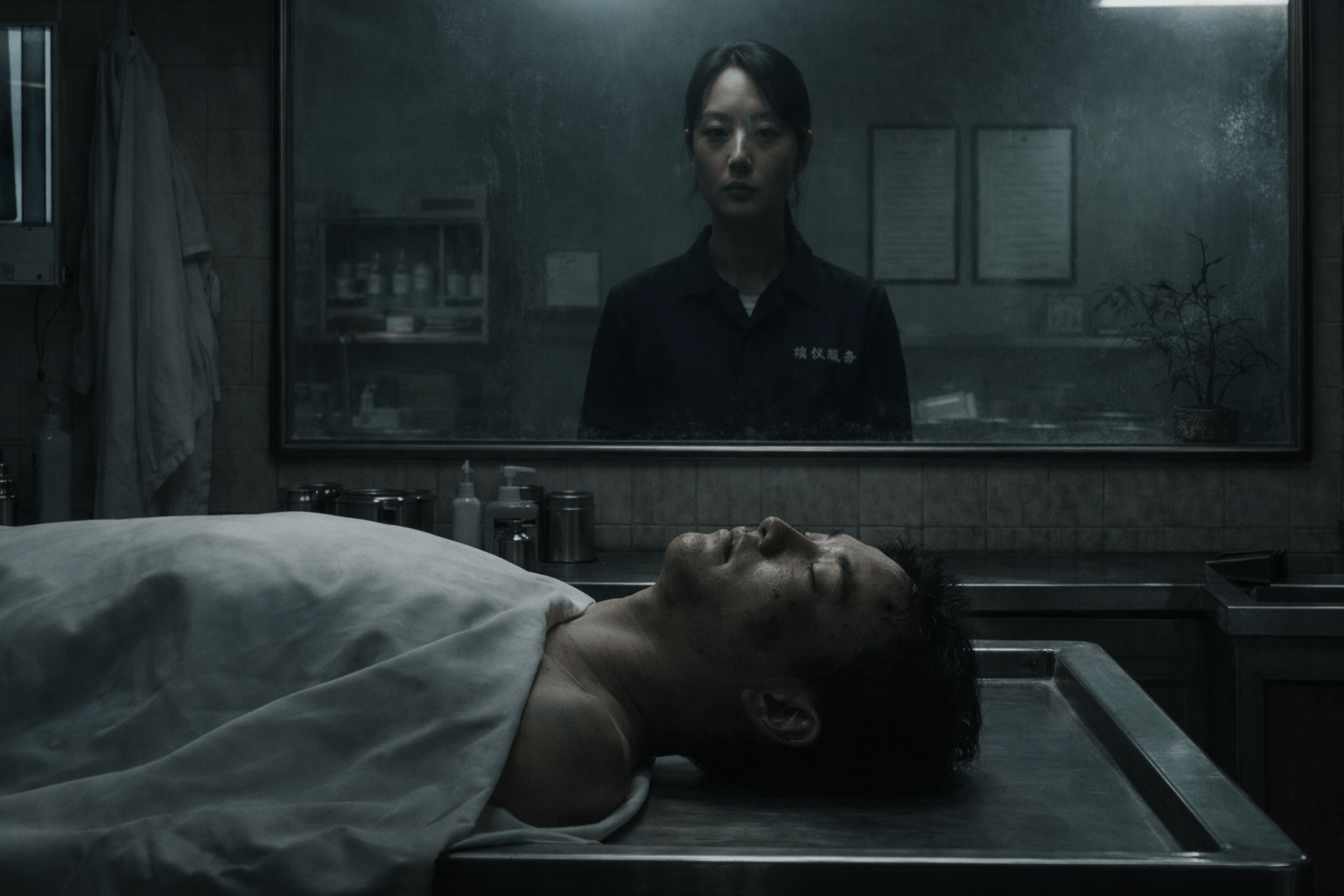A male body on a mortuary table with a female technician reflected in a mirror in a mortuary horror scene