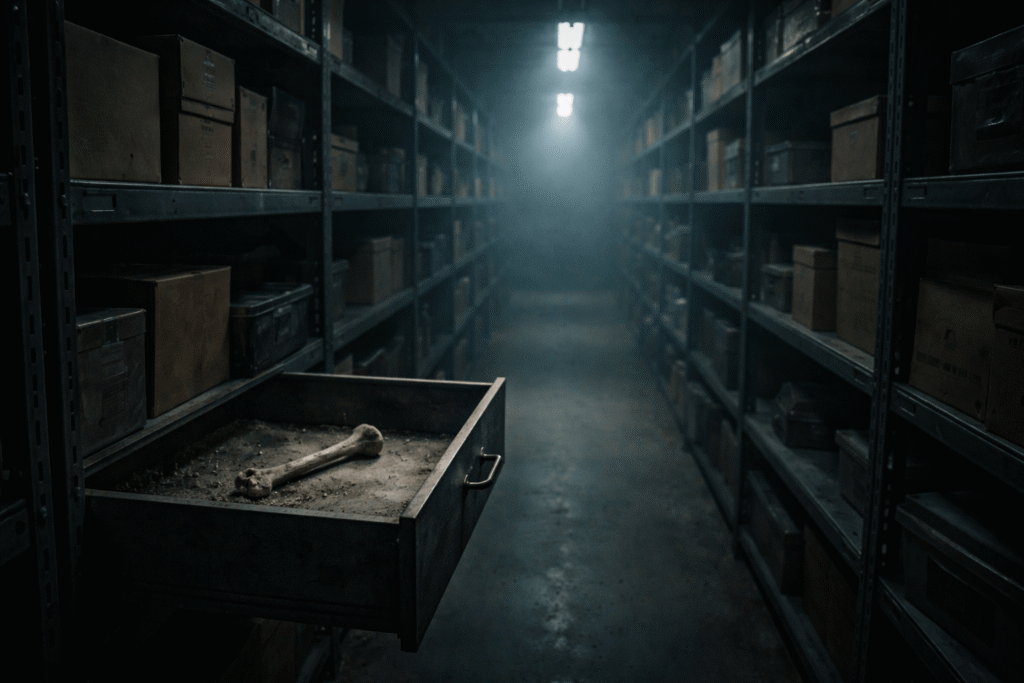 A quiet storage facility with strange objects in this teeth buried beneath threshold horror story