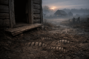 A misty village doorway with something buried beneath the threshold in this teeth buried beneath threshold horror story