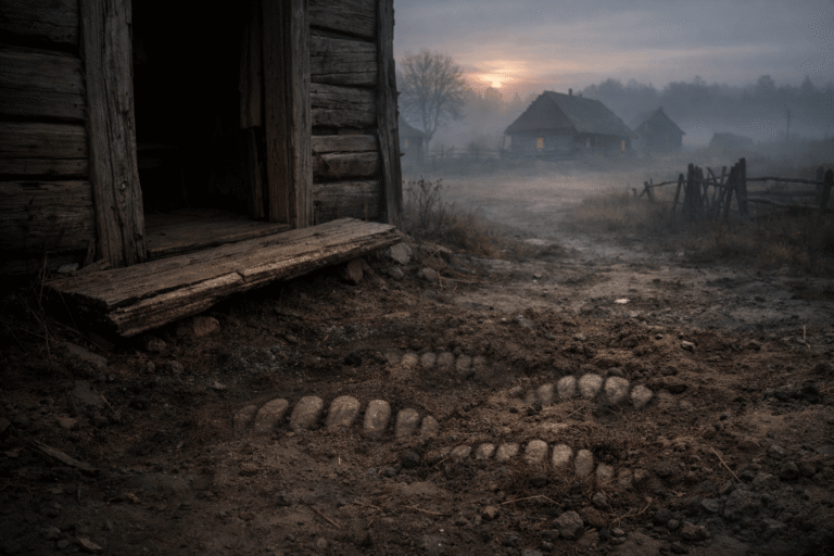 A misty village doorway with something buried beneath the threshold in this teeth buried beneath threshold horror story