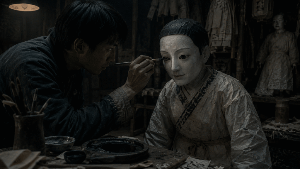 Young man painting the second black pupil onto a life-sized paper effigy during the Dian Jing ritual.