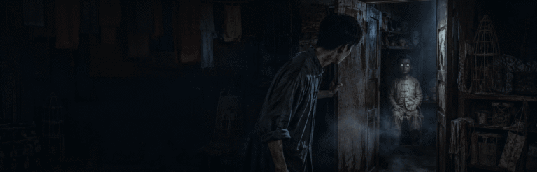Frail young man discovering a life-sized paper effigy with blank white eyes inside a forbidden storage room.