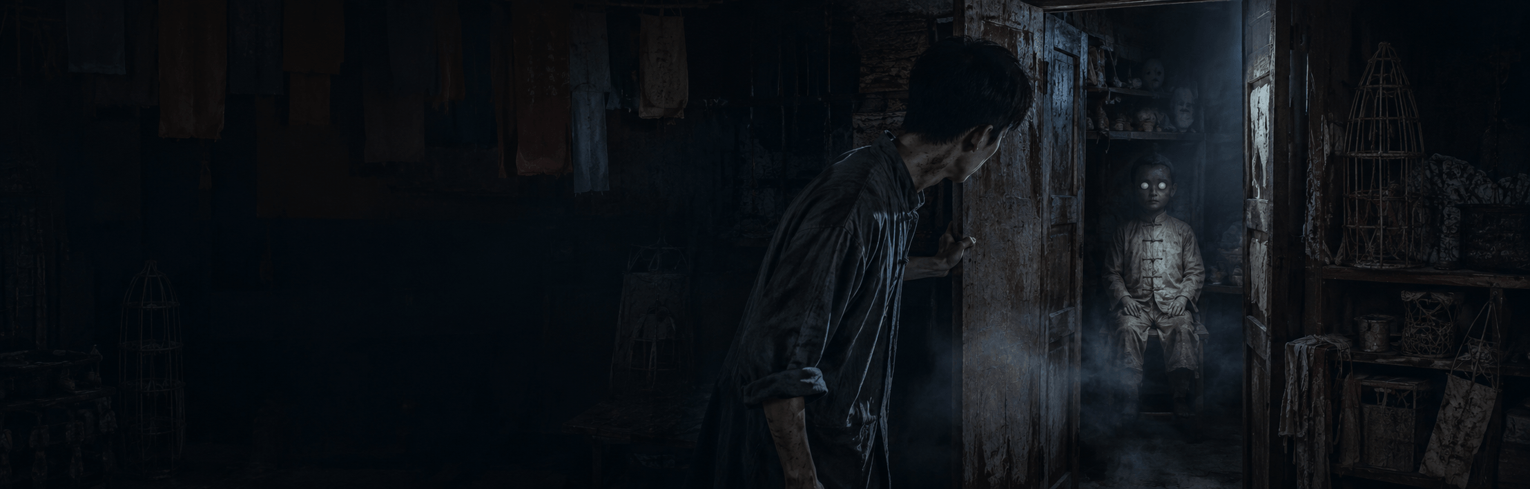 Frail young man discovering a life-sized paper effigy with blank white eyes inside a forbidden storage room.