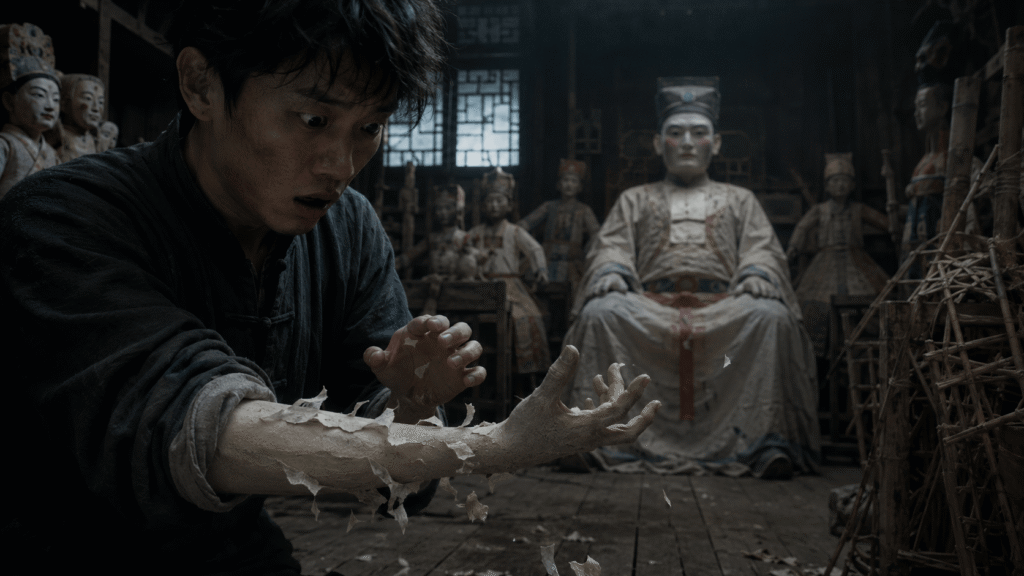 Young man watches his forearm transform into paper as a life-sized effigy breathes behind him.