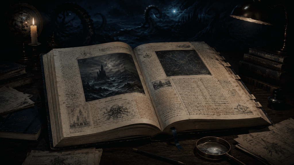 best H.P. Lovecraft collection_Oversized annotated horror book open to illustrated notes and diagrams on a dark study desk