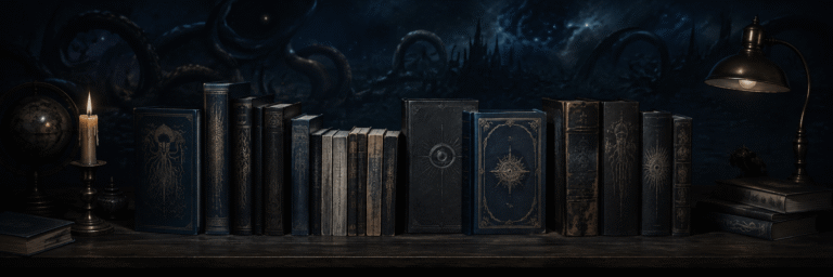 Dark shelf of H.P Lovecraft-inspired book collections under candlelight and cosmic shadows